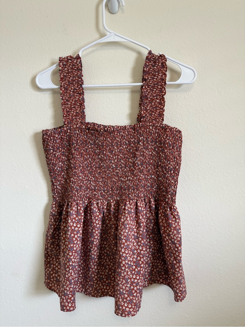 Pleione Rust Floral Smocked Peplum Tank
